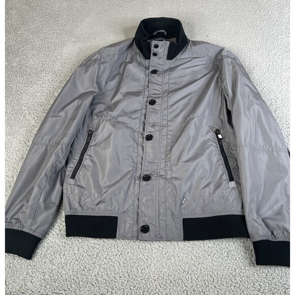 Zara Man Bomber Jacket Mens Large Gray Black Full Zip Button Elastic Waist